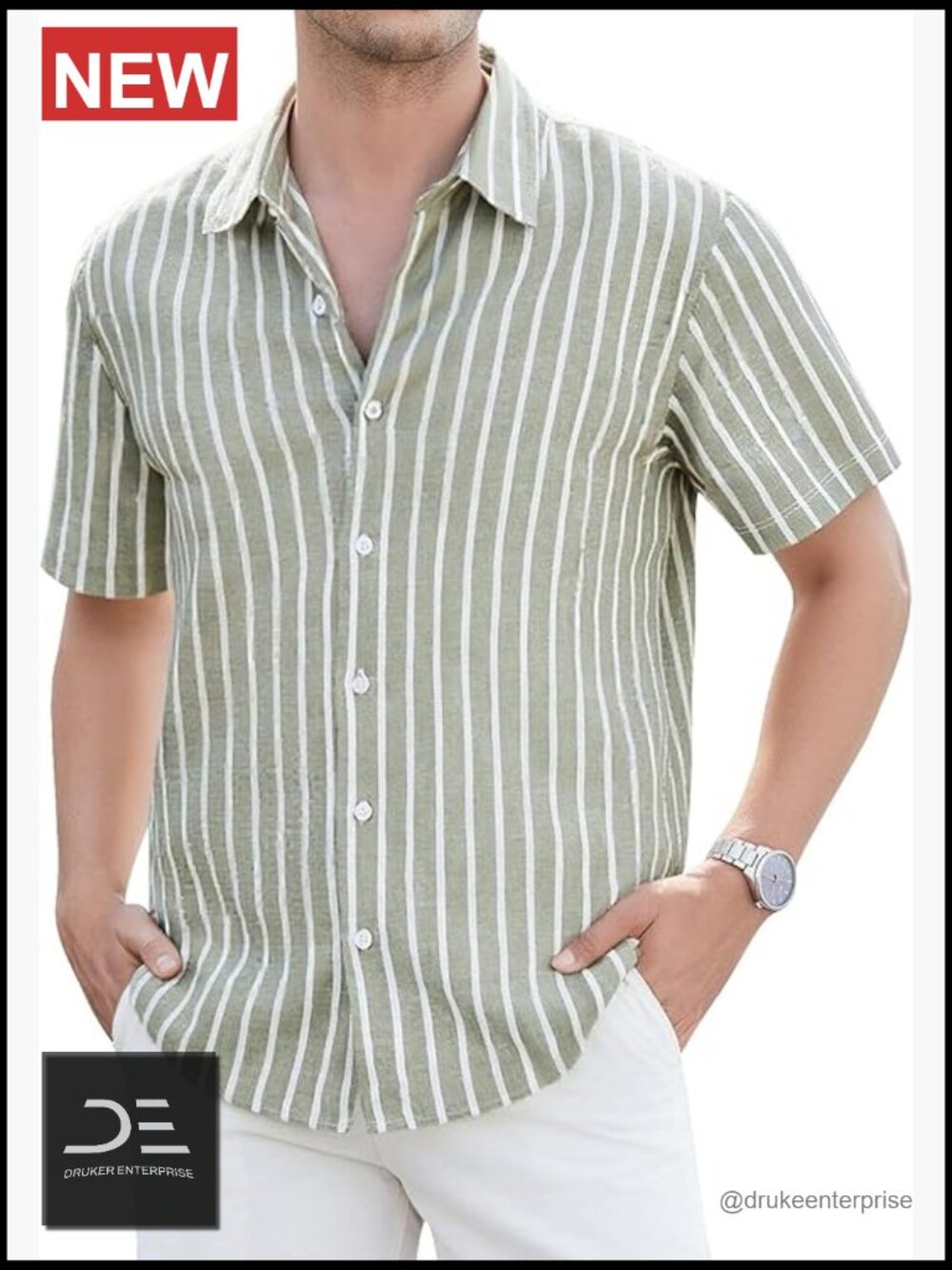 Linen Cotton Short Sleeve Button Down Shirt Casual Striped Summer